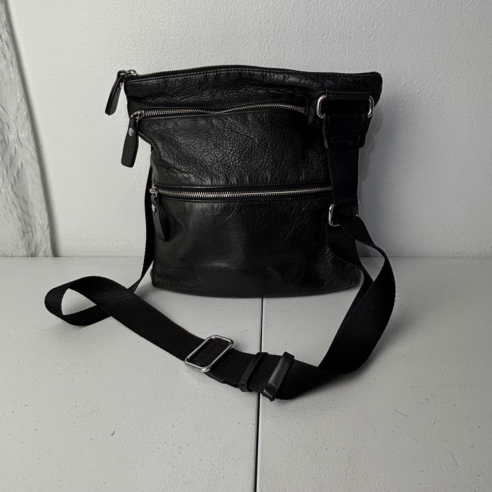 Margot Black Pebbled Leather Crossbody Bag Multi Zipper Adjustable Strap Travel